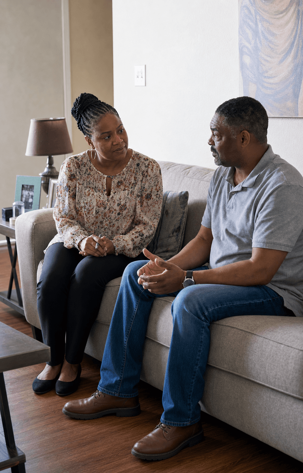 A provider having a supportive conversation with an adult at home